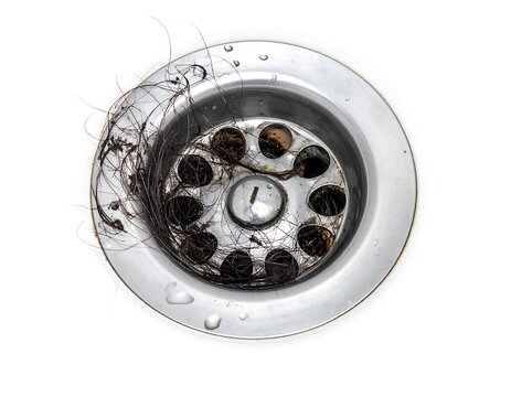 Clogged Bathroom Sink Drain Filled with Tangled Hair on White Background