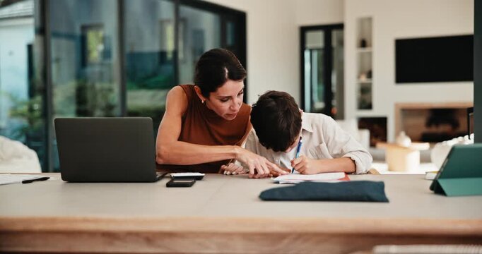 Mom, remote work and child with homework in home, multitasking or accountant with laptop for project. Bookkeeper, talk and mature person with tech for assignment, woman and helping boy with math