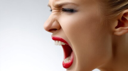 Fototapeta premium A young woman passionately screams, her fierce expression reflecting raw emotions. The minimalist background enhances the power of her view, showcasing a moment of pure intensity and energy