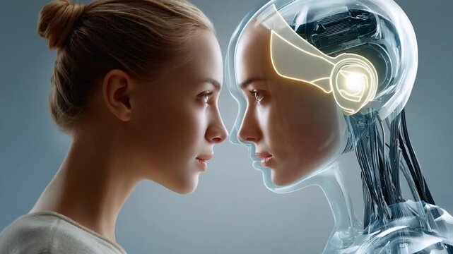 Human and Robot Face to Face: A close-up profile view of a woman's face and a stylized robot's head facing each other, representing the convergence of humanity and artificial intelligence.