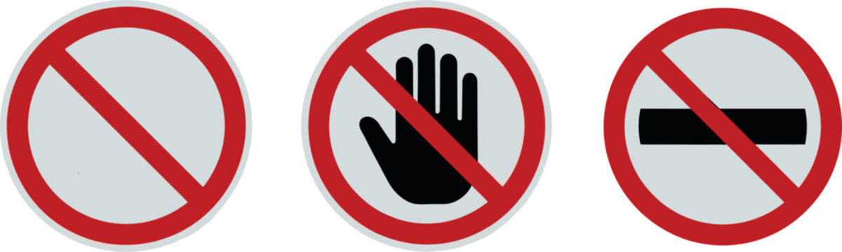 Prohibition sign vector set with red forbidden circle empty stop icon hand gesture and no entry symbolProhibition sign vector set with red forbidden circle empty stop icon hand gesture and no entry sy