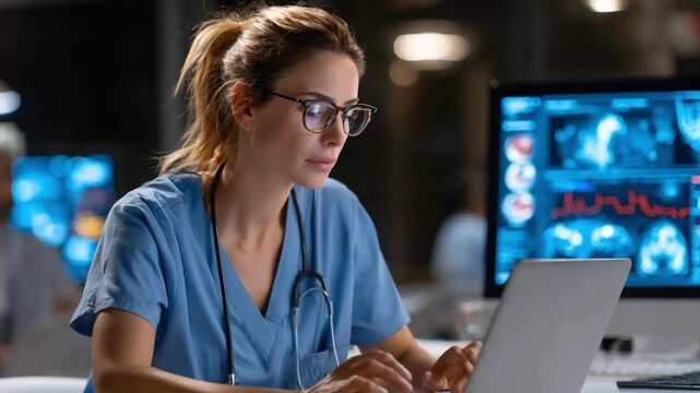 Focused Professional: A dedicated medical professional, wearing scrubs and a stethoscope, intensely studies medical data on a laptop, surrounded by advanced diagnostic imaging on screens.