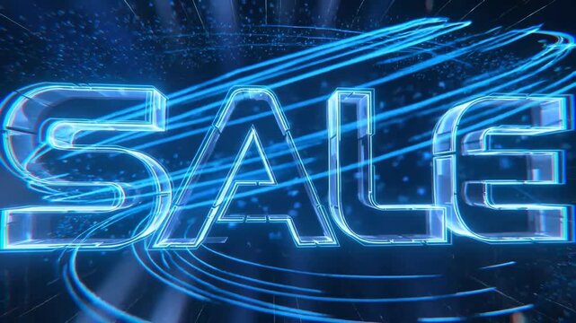 Glowing blue SALE text in neon style on a dark tech background, representing promotion and discount offer concept