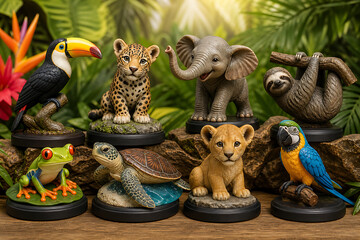 Fototapeta premium A group of animal figurines on display in a lush jungle environment with a toucan, leopard, elephant, sloth, frog, turtle, lion, and parrot.