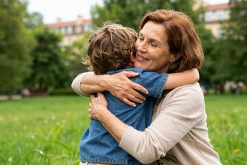 Fototapeta premium Older woman hugging young child in public park setting
