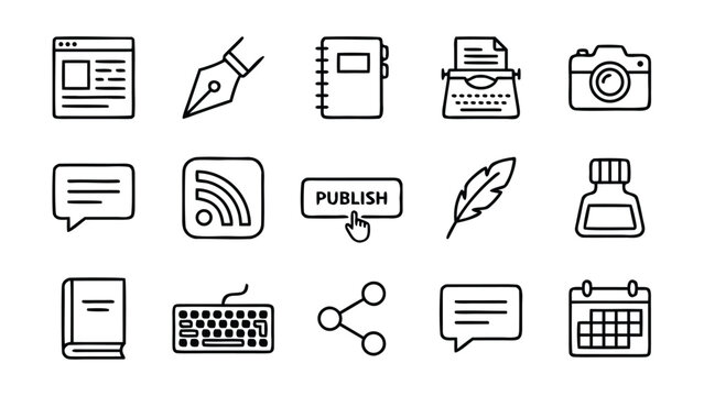 Vector Set of Blogging and Writing Line Icons in Minimalistic Style Featuring Web Browser, Pen, Notebook, Typewriter, Camera, Chat, RSS, Publish Button, Feather, Inkwell, Book, Keyboard, Share,