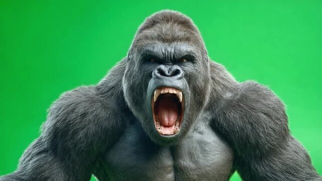 Furious Gorilla on Green Screen: A close-up shot captures a powerful gorilla with an aggressive expression, roaring with its mouth wide open, set against a vibrant green background.