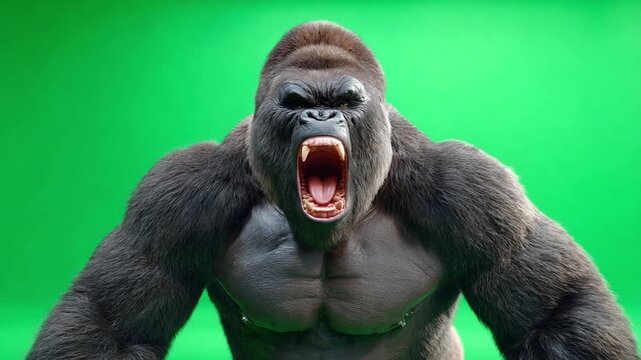 Angry Gorilla on Green Screen: A powerful and muscular gorilla roars aggressively, showcasing its intimidating strength and raw energy against a vibrant green backdrop.