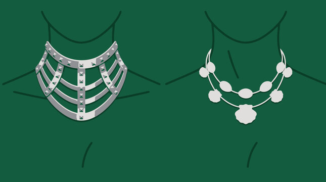 Two distinct styles of necklaces are displayed against a dark green background, one resembling a metallic gorget and the other a pearl and shell pendant necklace.