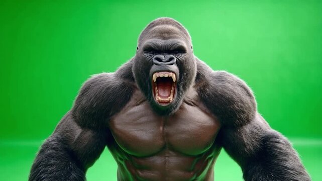 Roaring Gorilla Power: A powerful silverback gorilla in a menacing pose, baring its teeth with an open mouth, radiating raw strength and primal energy against a vivid green backdrop.