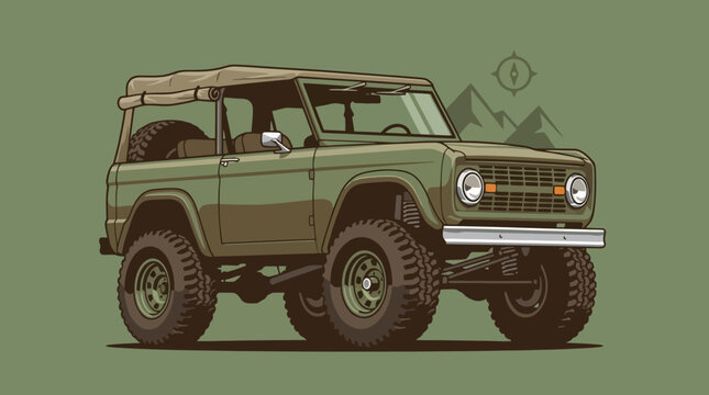 Vintage green Ford Bronco SUV with a soft top, large off-road tires, and a mountainous backdrop.