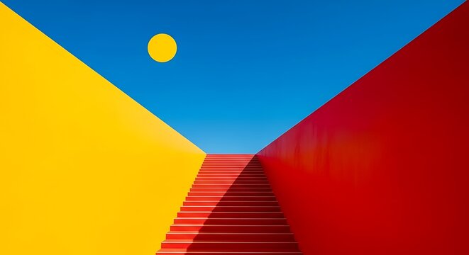 Vibrant red stairs ascend between colorful walls and blue sky