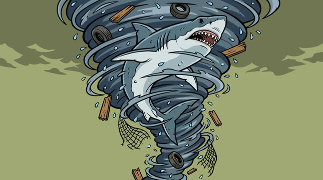 A dramatic illustration of a shark caught in a powerful tornado filled with debris, including tires and wood.