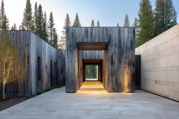 Fototapeta premium Contemporary architectural design showcases a stunning corridor adorned with wood and stone, beautifully set amidst a lush forest during the serene early morning light