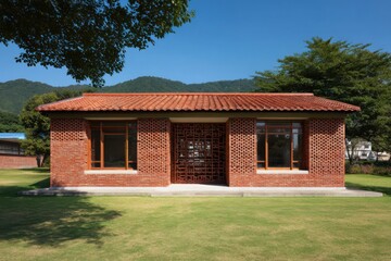Obraz premium A contemporary brick structure stands proudly in a picturesque rural landscape, surrounded by lush green grass, tall trees, and majestic mountains all basking under a bright, sunny sky