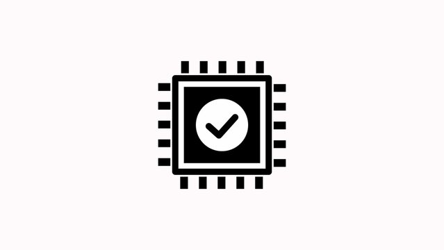 Black and white icon of aCPU chip with a checkmark inside a circle processor computer