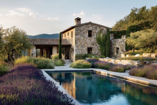 Lavender garden surrounds stone house near a swimming pool in Tuscany during late afternoon with sunlight illuminating the landscape and creating shadows on the water