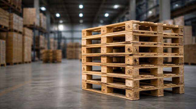 Stacks of empty wooden pallets in the warehouse.