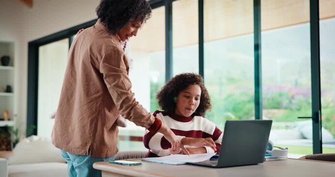 High five, help and mom with child on laptop for online lesson, elearning and assignment for homework. Family, home and mother with girl on computer for success, answer and studying for education