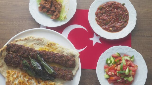Close-up of Adana kebab menu on the Turkish flag