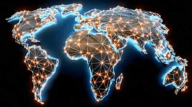 Global Connectivity Network: A digital map of the world glows with illuminated connection points, symbolizing the interconnectedness of global networks and data flow across continents.