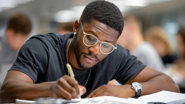 Focused Student at Desk: A young man with glasses concentrates intently on his studies, writing in a notebook surrounded by books and papers, depicting dedication to learning.
