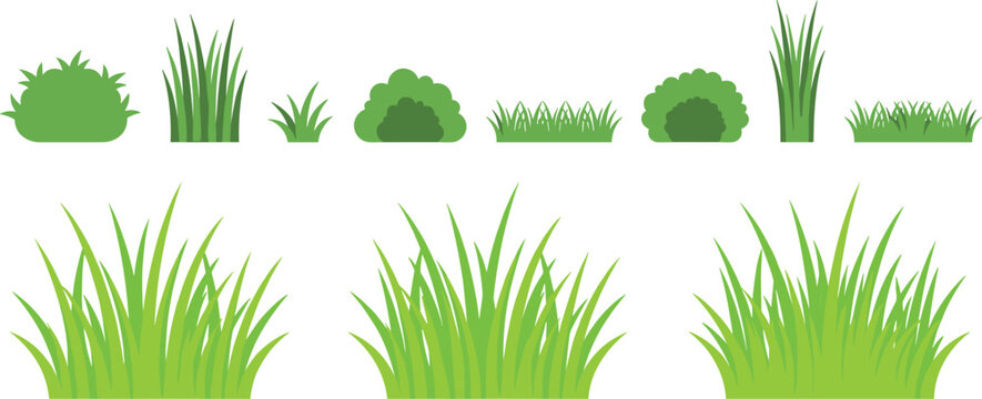 Green grass tufts and bushes vector collection element set isolated on white background for landscape design illustrationGreen grass tufts and bushes vector collection element set isolated on white ba