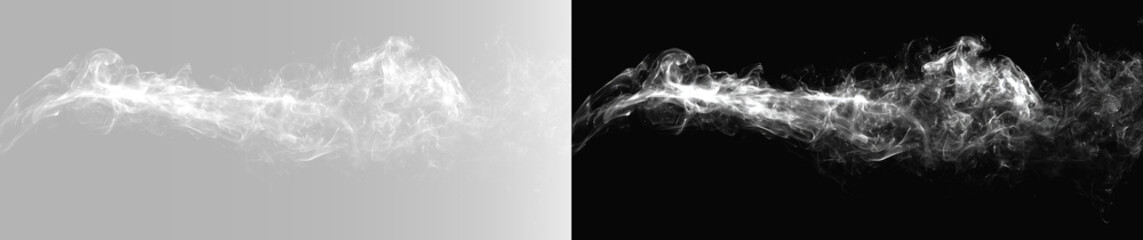 Realistic white smoke cloud trail set, atmospheric dynamic steam vapor wave and cinematic cosmic nebula dust blast on contrast backgrounds © Maxim