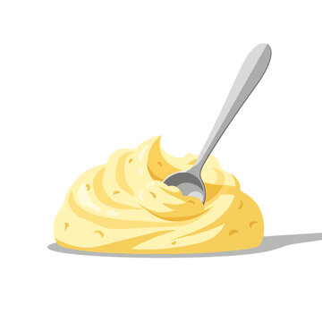 Creamy mashed potatoes with a spoon over white background.