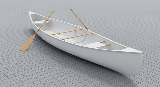 White canoe with two wooden paddles on a grey grid background