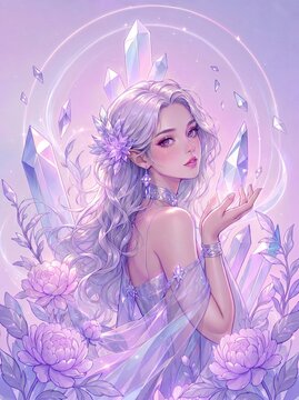 Ethereal Crystal Goddess with Flowing Silver Hair and Pastel Floral Magic