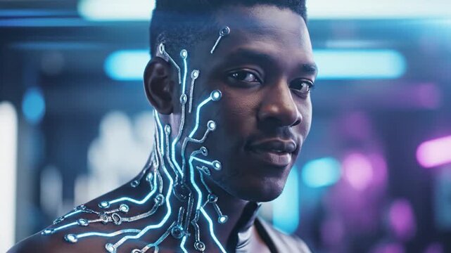 African man with glowing cybernetic implants in futuristic setting
