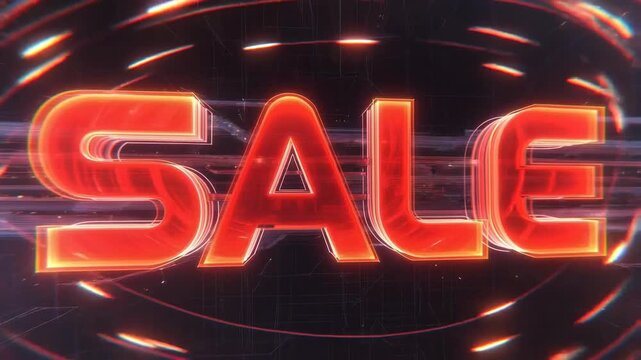Bright red SALE typography in glowing digital style on dark tech background, concept of promotion and discounts