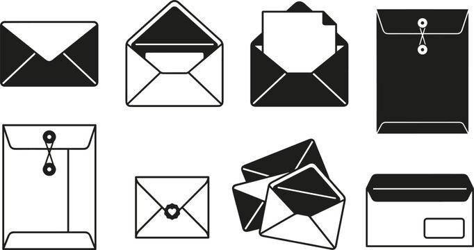Black and White Envelope Icon Vector Set Featuring Open Closed Window Manila String Tie and Stacked Postal Mail