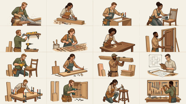Collection of diverse carpenters and artisans working in a wood shop. Vector illustration showing skilled people building furniture sawing timber and drafting plans with tools.