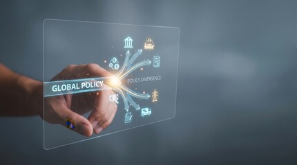 Fototapeta premium Policy Divergence - A hand splits a global policy path into regional lanes, symbolizing policy divergence on a clean, minimal interface.