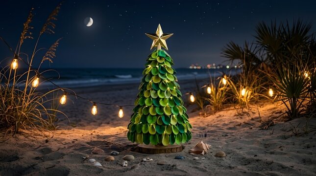 Coastal christmas tree with string lights on sandy beach at dusk