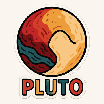 Colorful stylized illustration of the dwarf planet pluto featuring bold graphic lines and warm tones in a circular sticker format