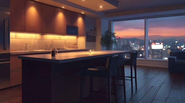 A warm modern interior space overlooks a dramatic sunset cityscape through expansive