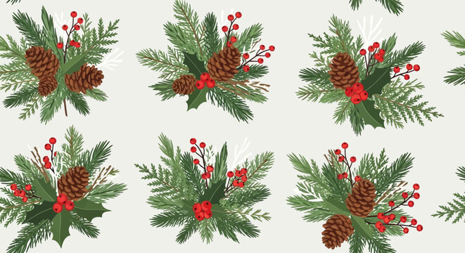 Festive Christmas Wreath Elements: Pine Cones, Holly, Berries, and Fir Branches Seamless Pattern