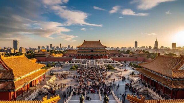 Golden Hour Over Forbidden City Beijing China Ancient Architecture.