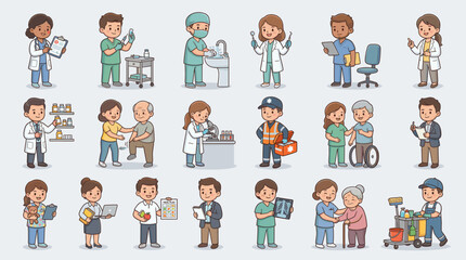 Fototapeta premium Collection of diverse medical professionals featuring doctors nurses surgeons caregivers and pharmacists providing healthcare to patients.