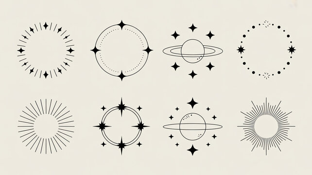 Fine Line Celestial Sunburst and Oval Orbit Shapes