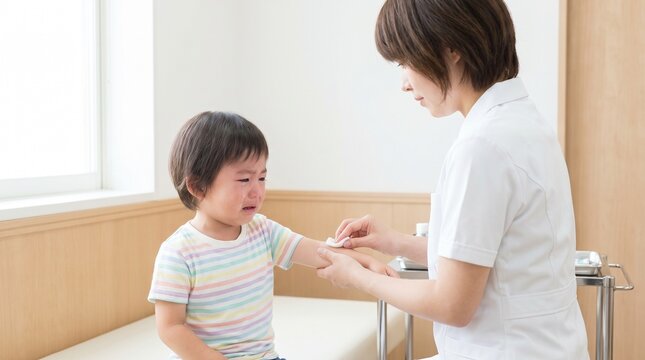 Scared crying little Asian child preparing for a blood test or vaccination. Female nurse in white uniform wiping toddler's arm with a cotton pad in a bright minimalist clinic