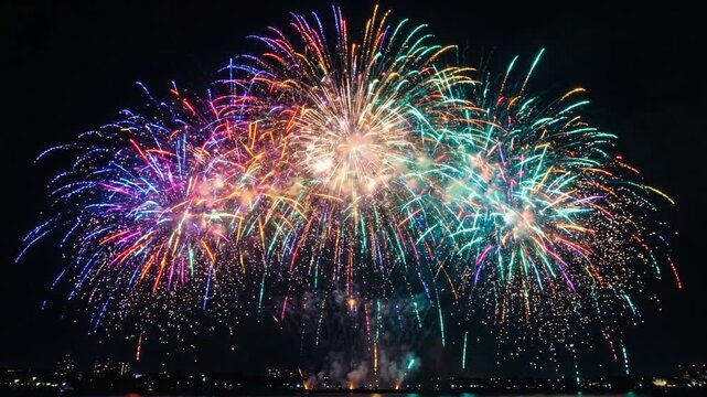 虹色花火が炸裂する発光ループ背景素材