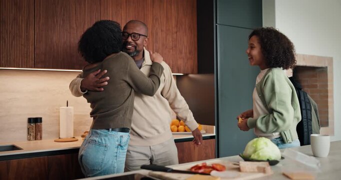 Love, hug and school child with parents, breakfast or wave goodbye for education in kitchen. African mother, father and embrace kid with backpack for cheese, smile and ready to leave family home