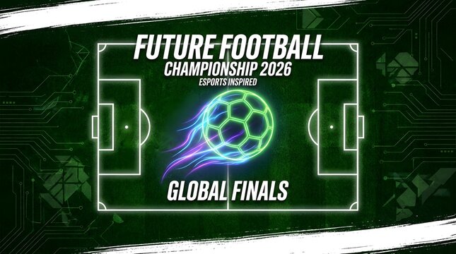 Future football championship 2026 esports inspired global finals graphic with glowing neon soccer ball