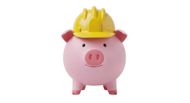 Pink piggy bank wearing a yellow construction hard hat isolated on transparent background