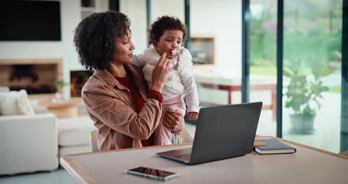 Baby, pacifier and woman with laptop for remote work, typing email and multitasking in home. Freelancer, super mom and comfort difficult infant at tech for child care, online research or productivity