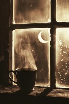 月の窓辺のコーヒーカップ Steaming Cup of Tea by Rainy Window at Night with Crescent Moon &mdash; Cozy Moody Atmosphere(2000 x 3000 px) - 1